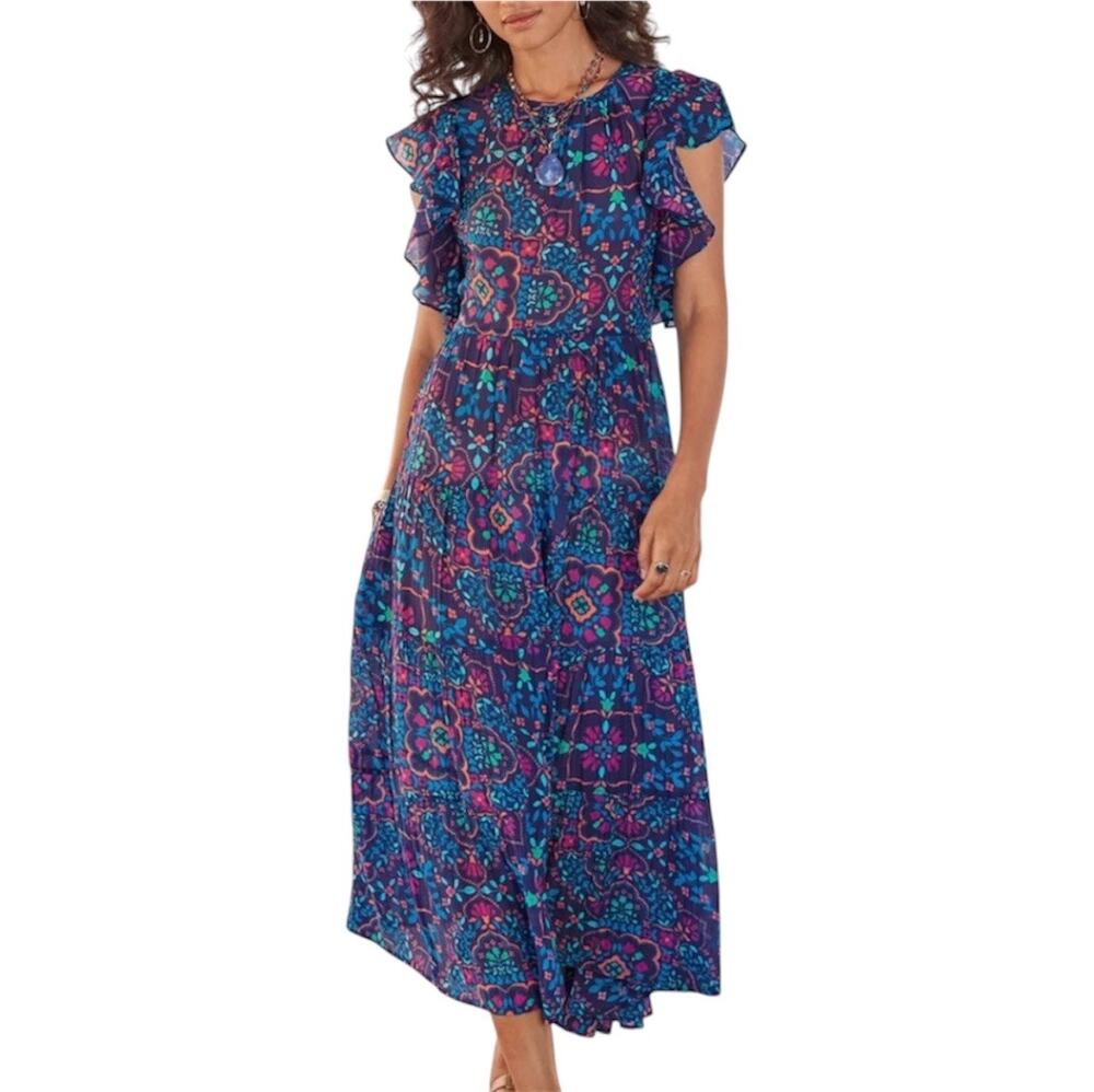 Sundance Everlynn Blue Floral Flutter Sleeve Tiered Midi Dress Women’s Medium